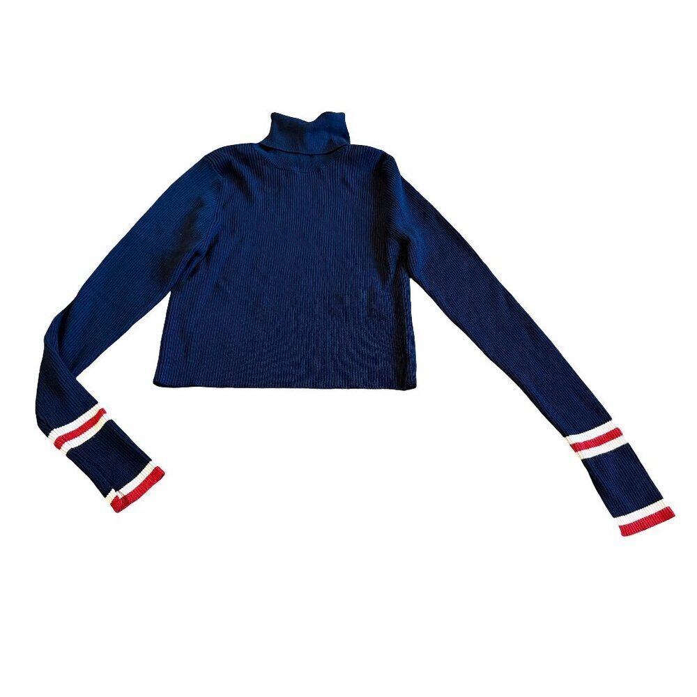 Zara Knit Navy Turtleneck Sweater Pullover Ribbed Stripe Red White Size Small